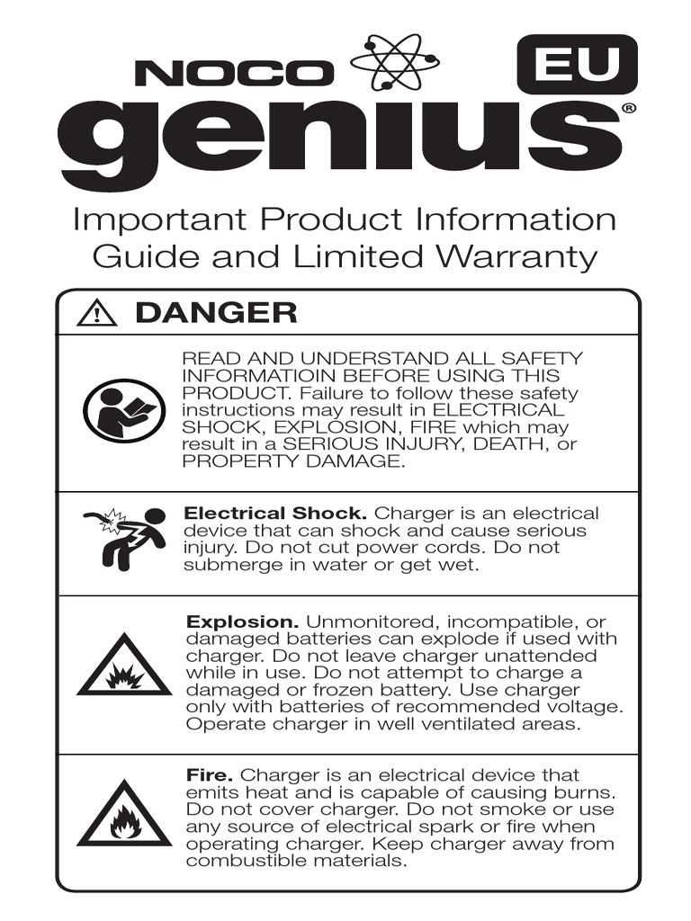 Noco Genius Information Guide Warranty Eu PDF Battery Charger