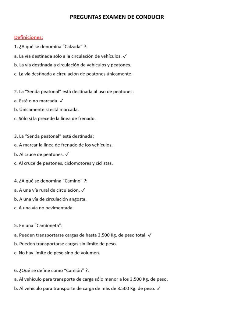 Preguntas Examen de Conducir 2023 | PDF | Peatonal | Intersección (carretera)