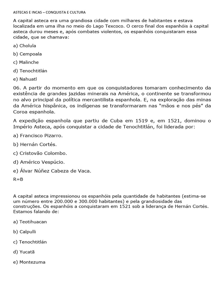 Astecas e Incas Questões | PDF | Império Inca | Conquistador, image size:768x1024