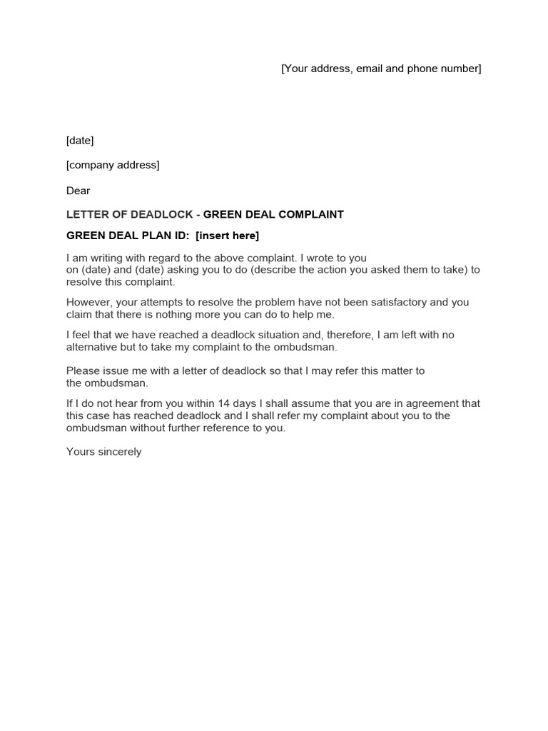 Green Deal Complaint Deadlock Letter | PDF