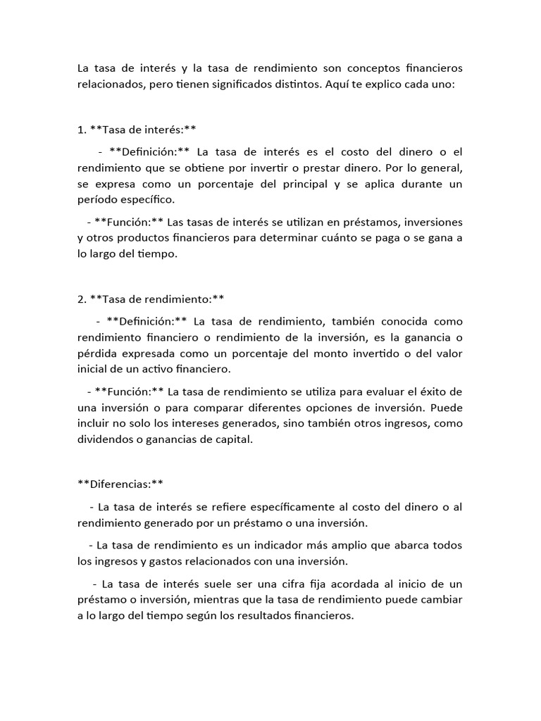 Diferencias entre Tasa de Interés y Rendimiento | PDF | Interés | Tasas ...
