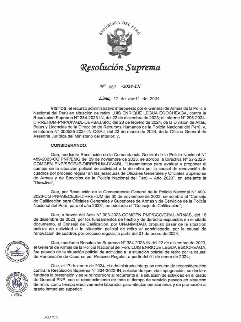 Resolución Suprema: N"? 067 - 2024-IN Lima, 12 de Abril de 2024 | PDF