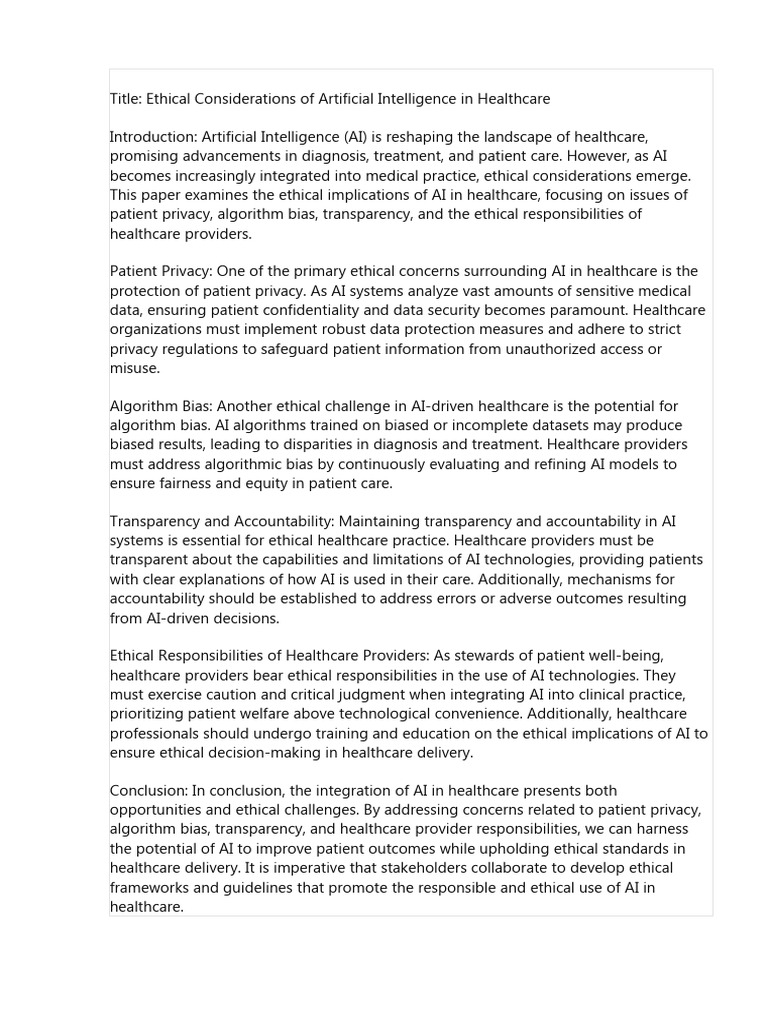 Title ethical considerations of artificial intelligence in healthcare