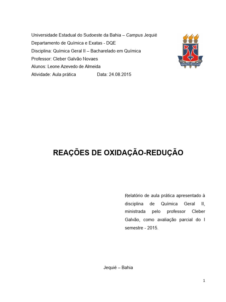 Relatorio Oxidação-Redução | PDF | Reações químicas | Redox