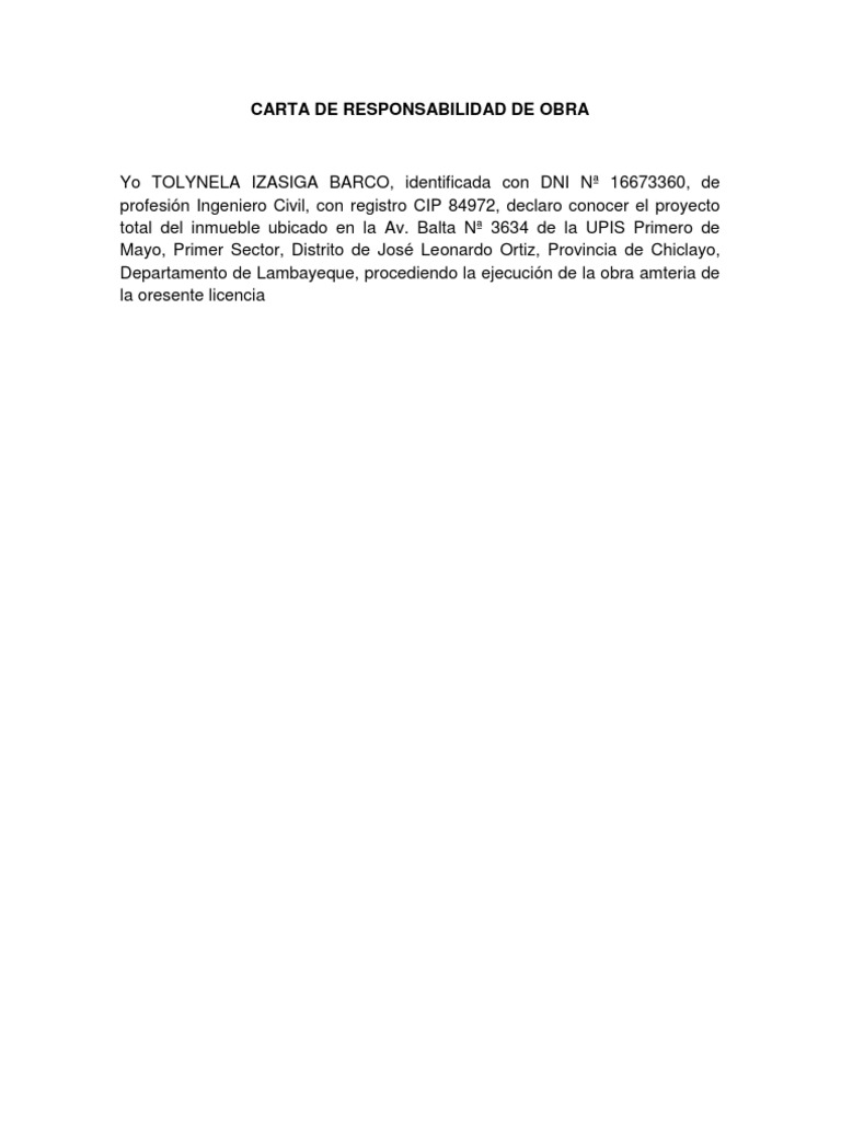 Carta de Responsabilidad de Obra