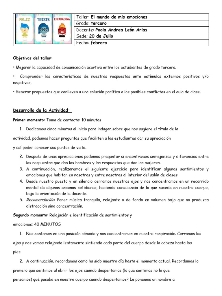 Taller de emociones para tercer grado | PDF | Las emociones | Sentidos