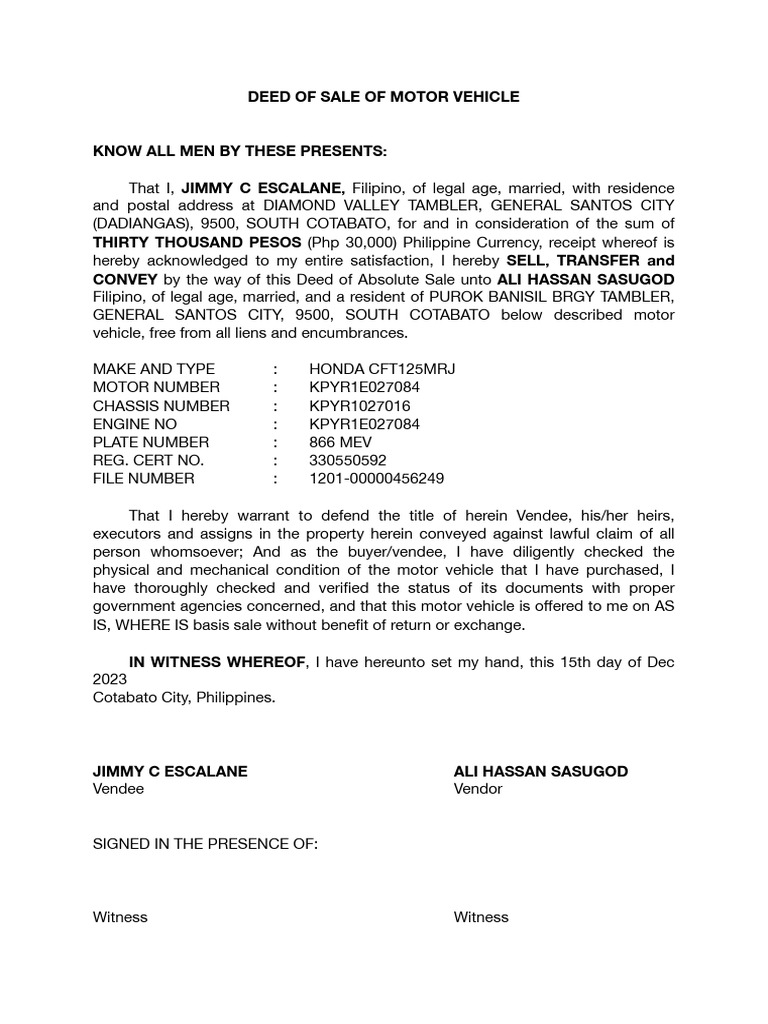 Deed of Sale: Honda CFT125MRJ | PDF | Deed | Private Law