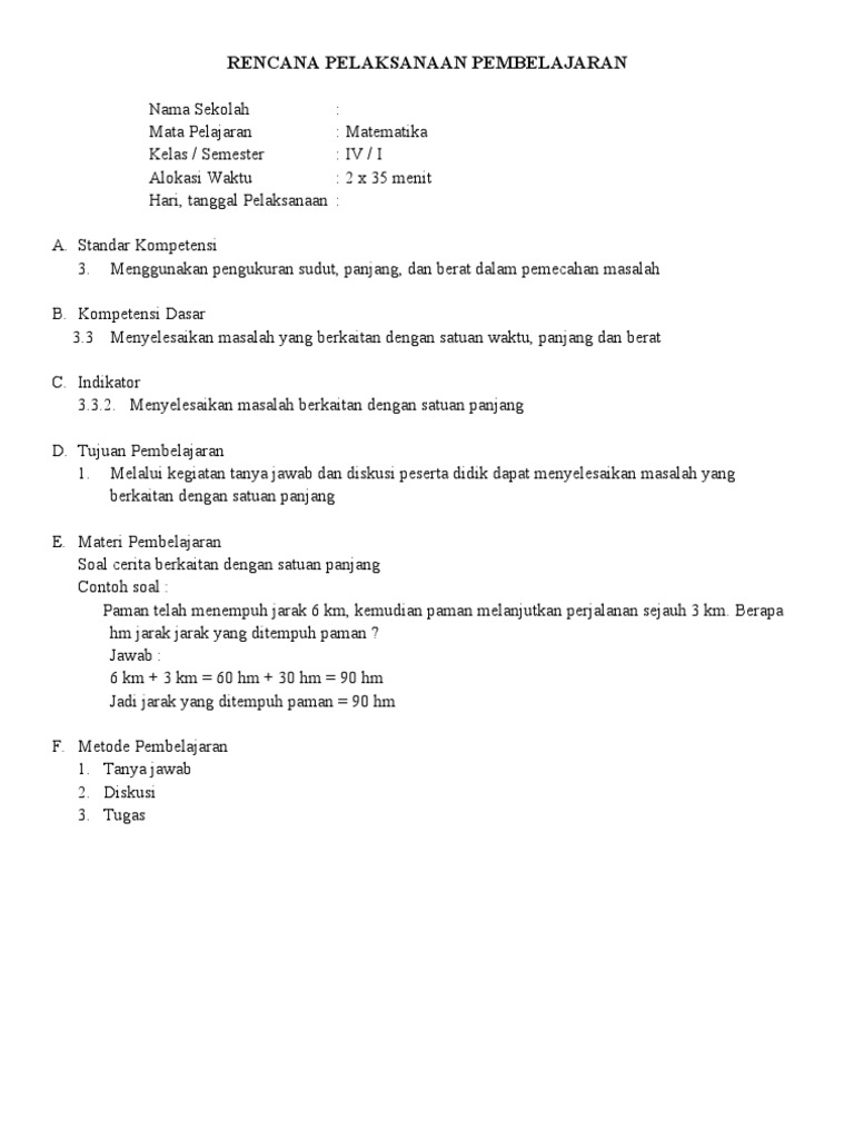 Rpp Mat Kelas 4 Sem 1