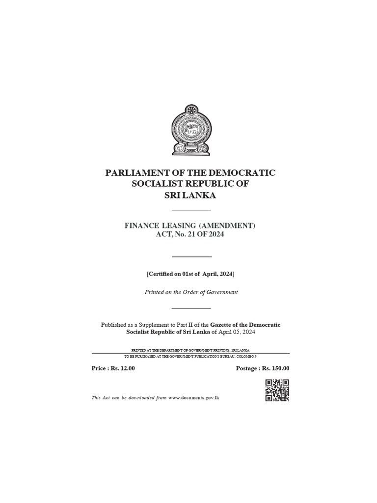 Finance Leaseing Amendment Act 2024 Sri Lanka Download Free PDF