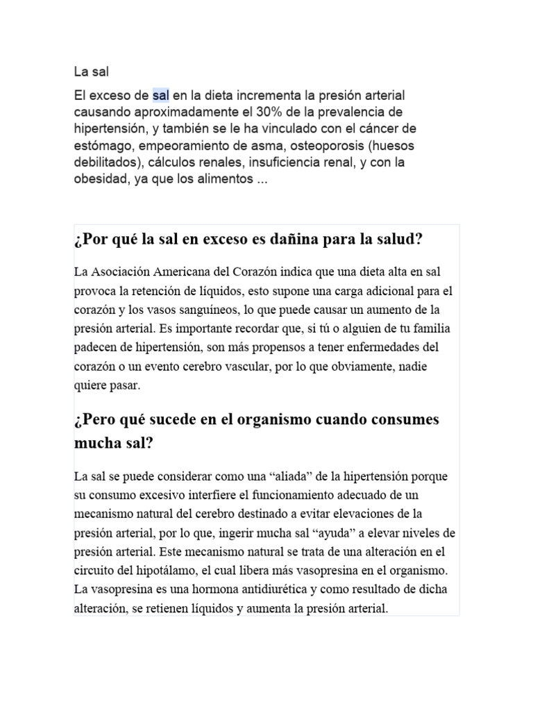 Efectos del exceso de sal en la salud | PDF