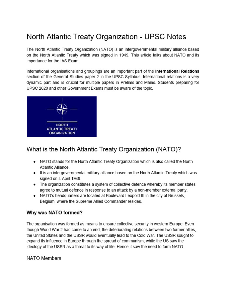 North Atlantic Treaty Organization Upsc Notes Pdf Nato
