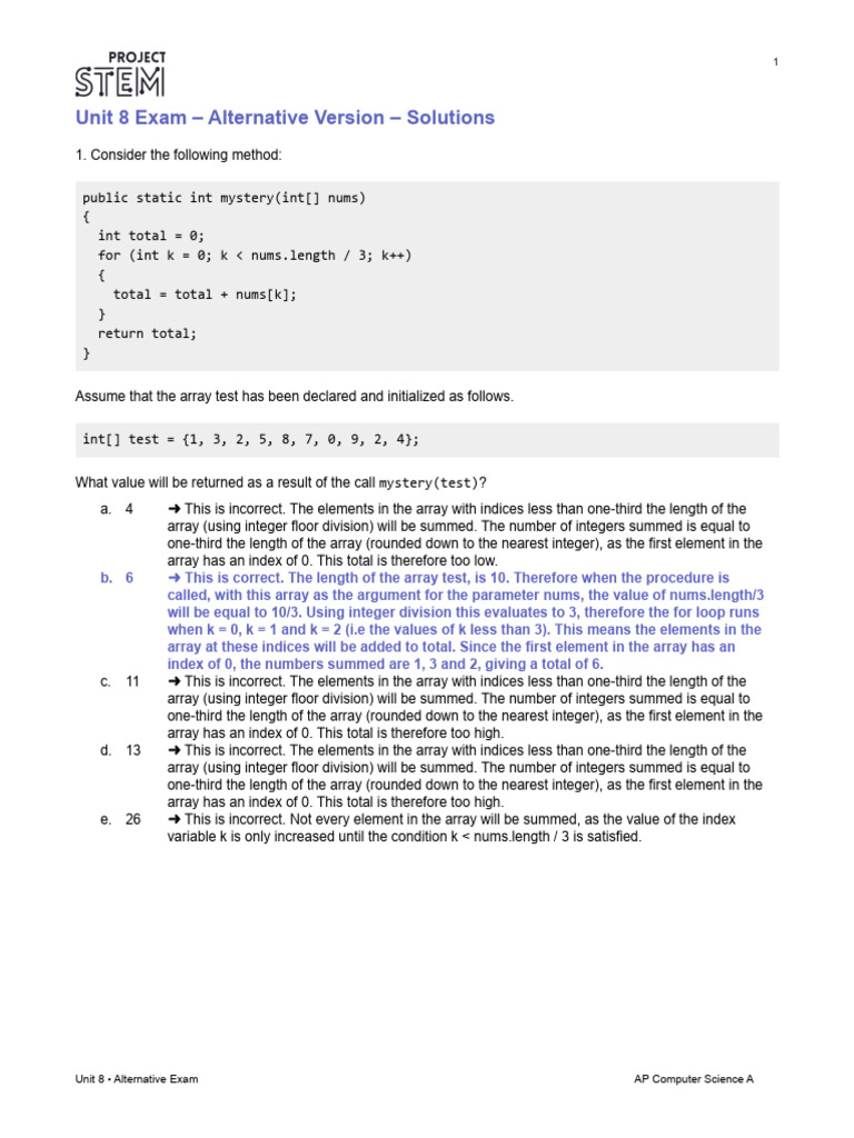 AP Computer Science A Exam Solutions | PDF | Theoretical Computer ...