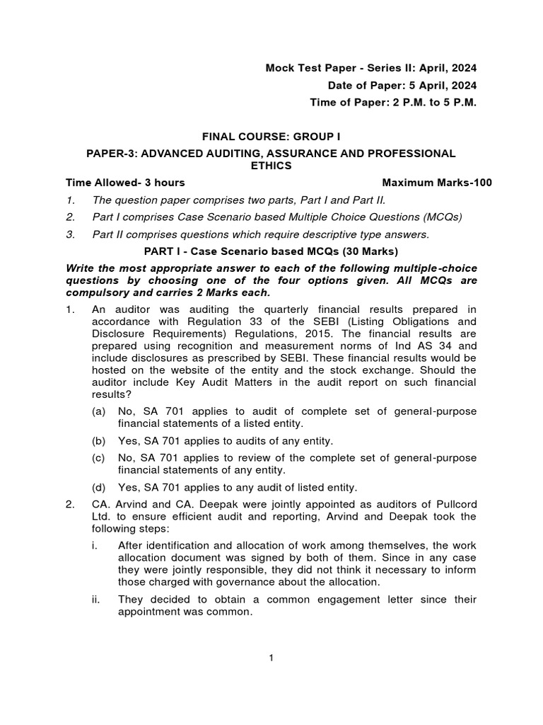 Advanced Auditing Mock Test April 2024 | PDF | Audit | Auditor's Report