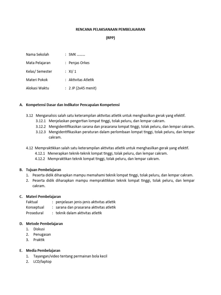 RPP Penjas Orkes Kelas XI | PDF