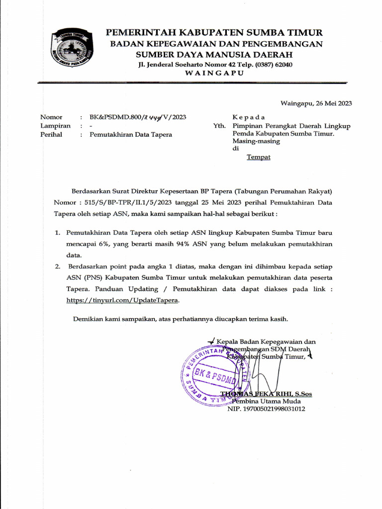 Surat pemutakhiran data tapera pdf