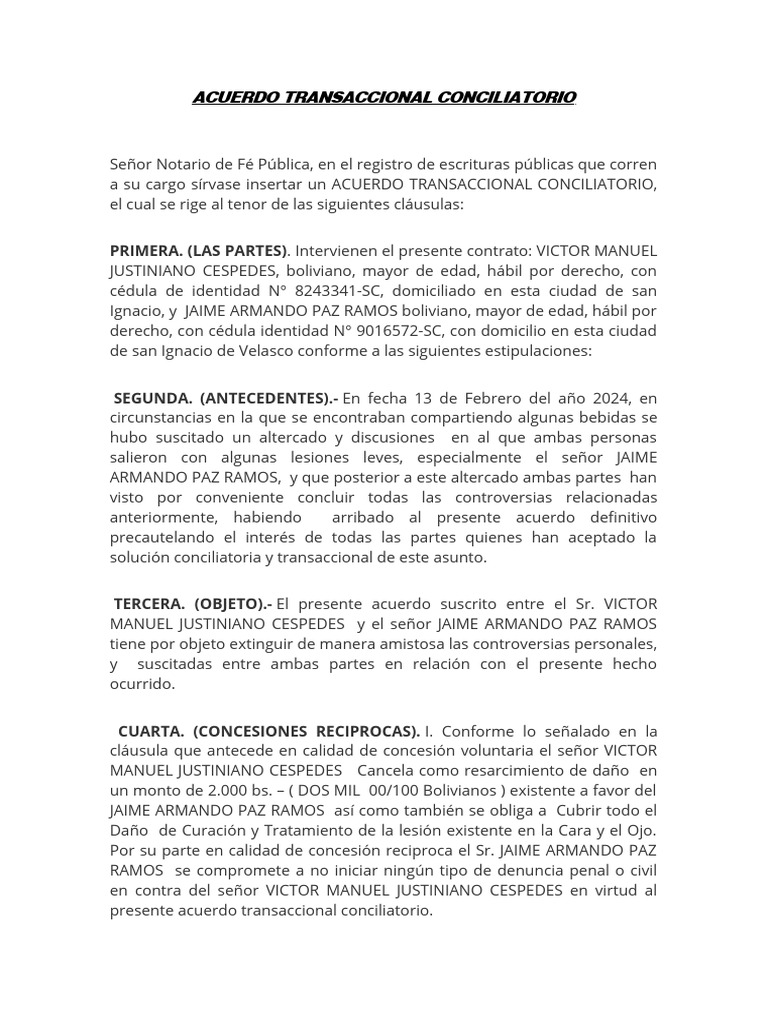 Acuerdo Transaccional Conciliatorio | PDF | Justicia | Crimen y violencia