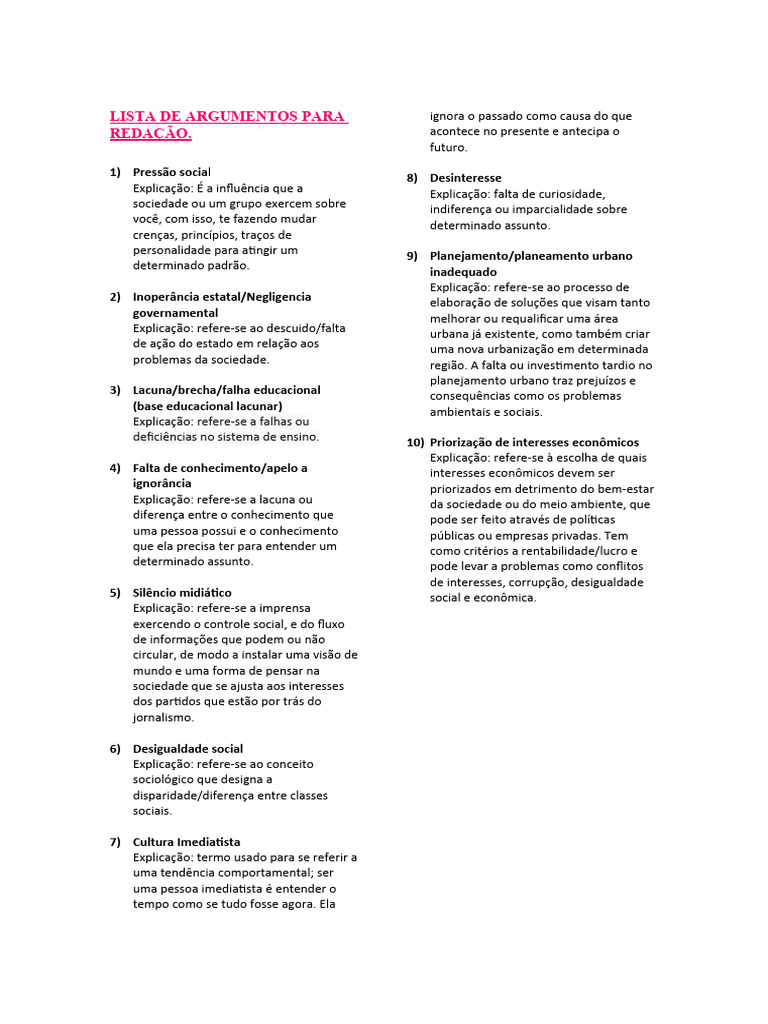 Lista de argumentos para reda o pdf sociologia economia