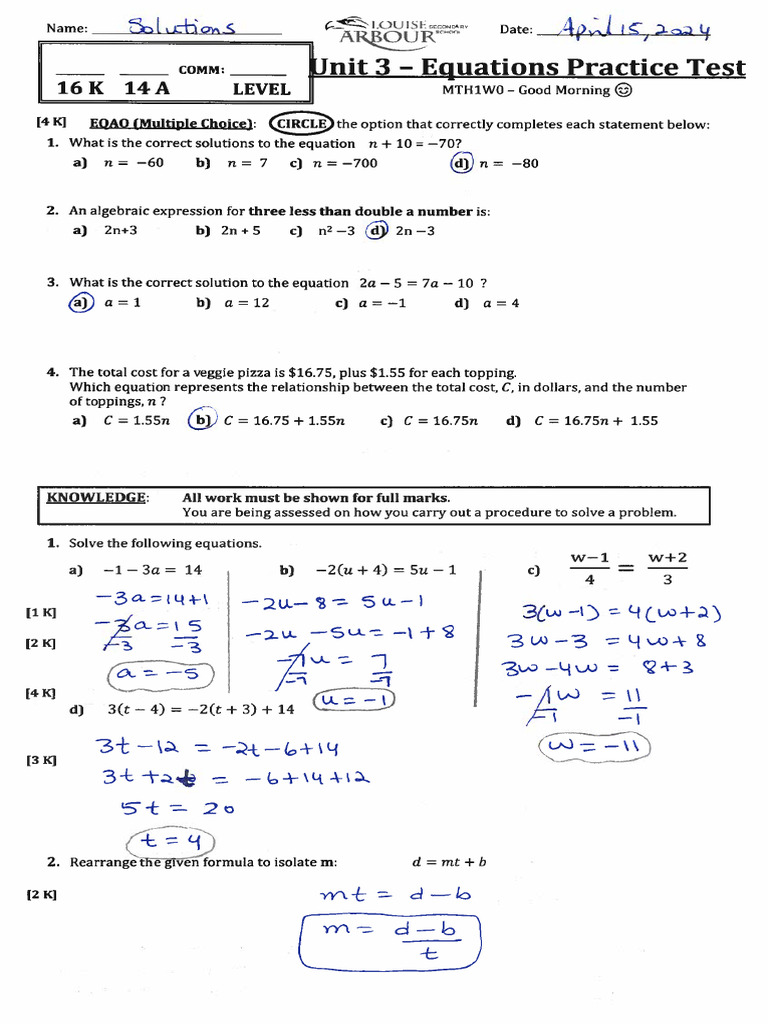 Equations Unit Practice Test Solutions-2 | PDF