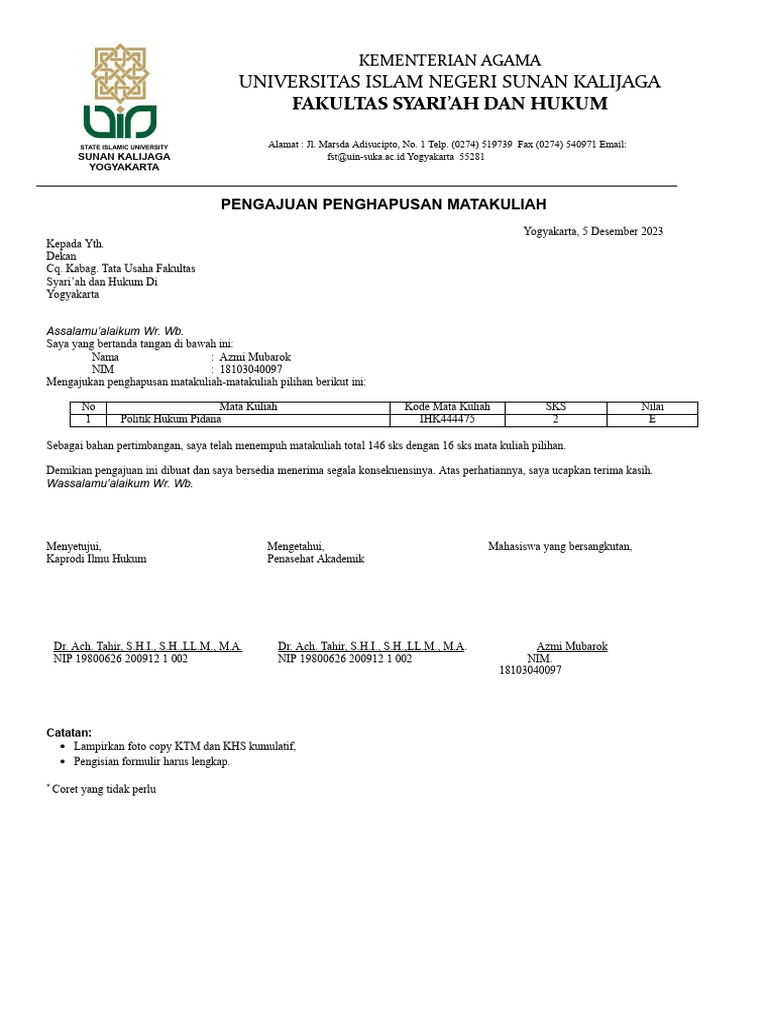 Contoh Format Surat Penghapusan Mata Kuliah | PDF