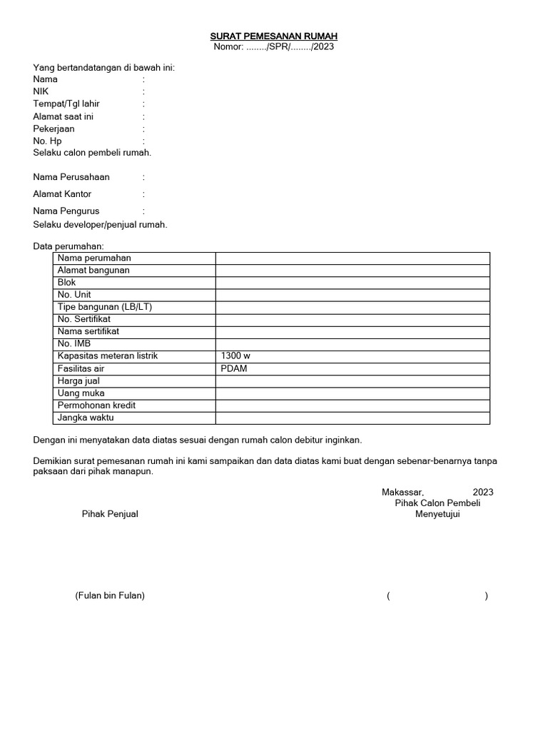 Surat Pemesanan Rumah 2023 | PDF