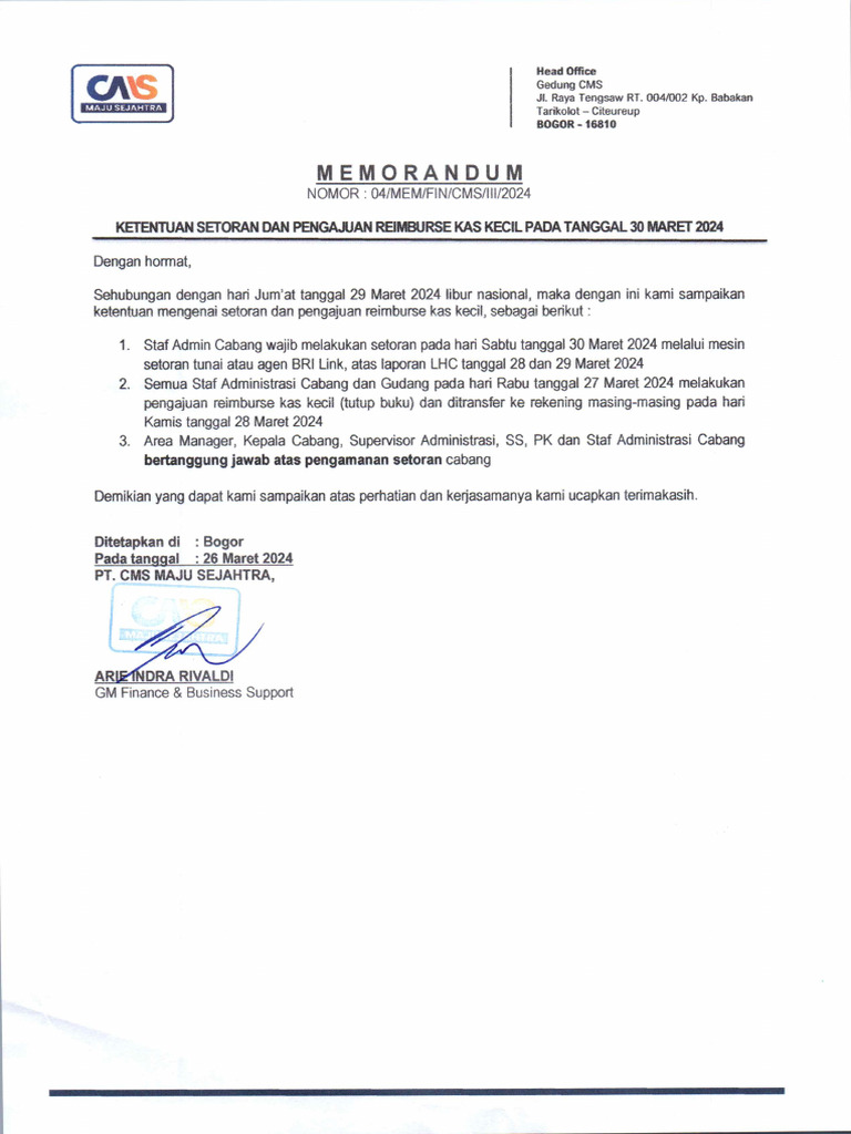 Memo Finance No. 04 Ketentuan Setoran Dan Pengajuan Reimburse Kas Kecil ...