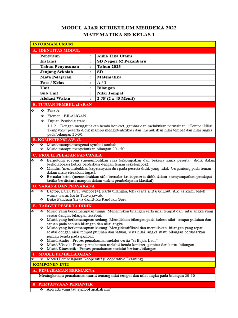 Modul Ajar Matematika Kelas 1 Semester 2 | PDF | Kajian Bahasa Asing