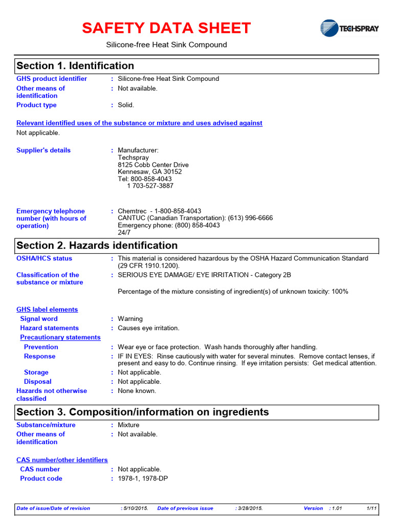Heat Sink Compound MSDS Download Free PDF Dangerous Goods Toxicity
