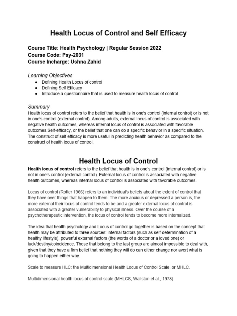 Health Locus of Control and Self-Efficacy | PDF | Self Efficacy ...