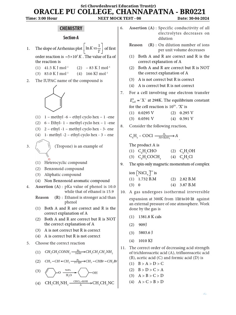 NEET Chemistry Mock Test 08 Questions | PDF | Chlorine | Electronvolt