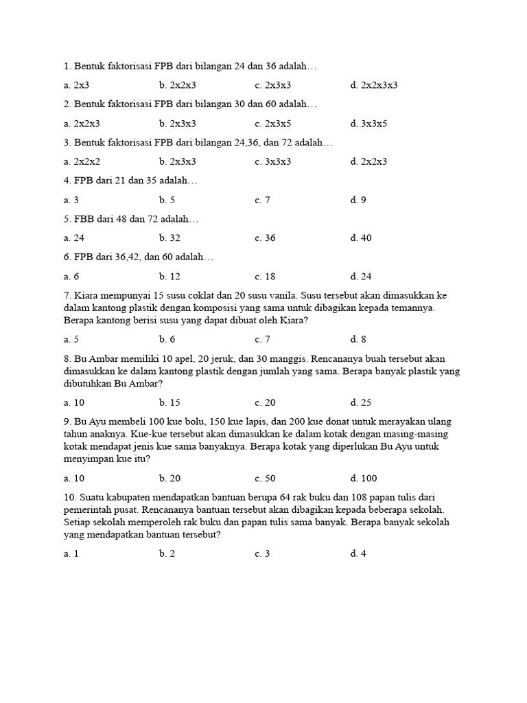 Soal FPB dan KPK Kelas 4 SD | PDF