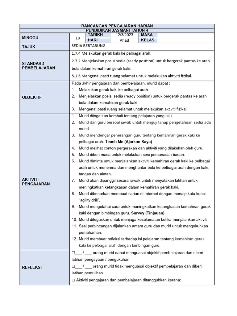 RPH Ringkas Minggu 18 Pendidikan Jasmani THN 4 by Cikgu Gorgeous | PDF ...