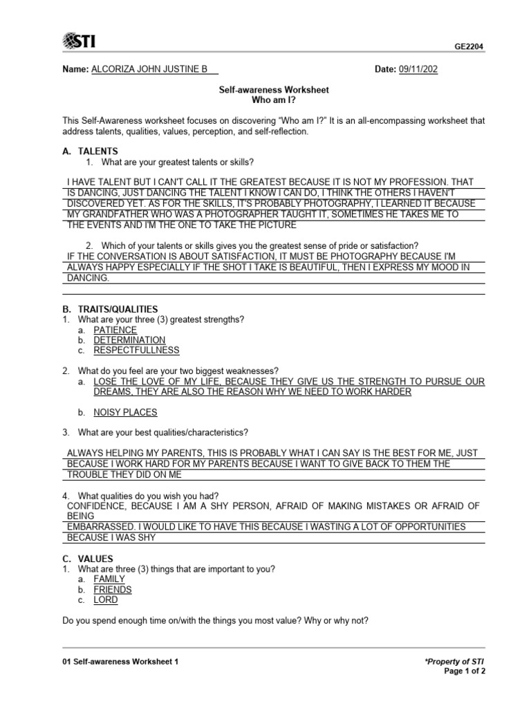 Self-Awareness Worksheet Insights | PDF | Self Awareness | Psychology