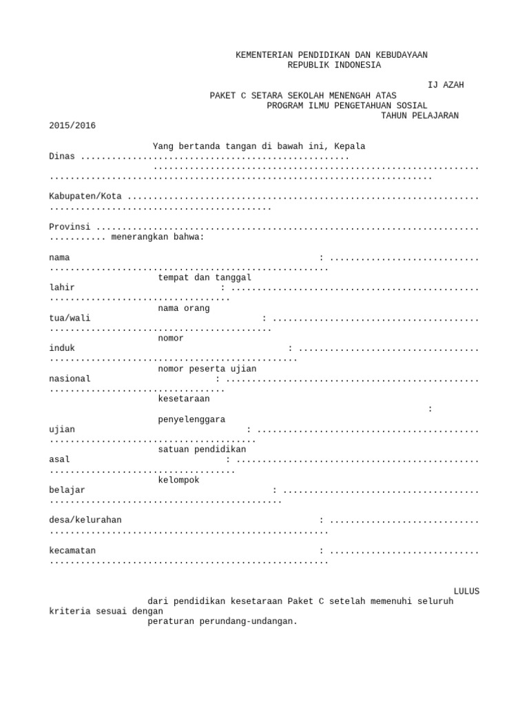 Ijazah Paket C Setara SMA 2016 | PDF | Bisnis