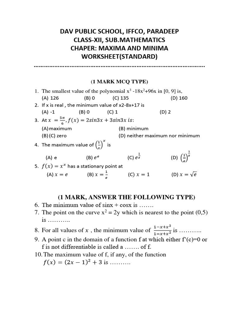 Maxima and Minima Worksheet for Class XII | PDF | Calculus ...