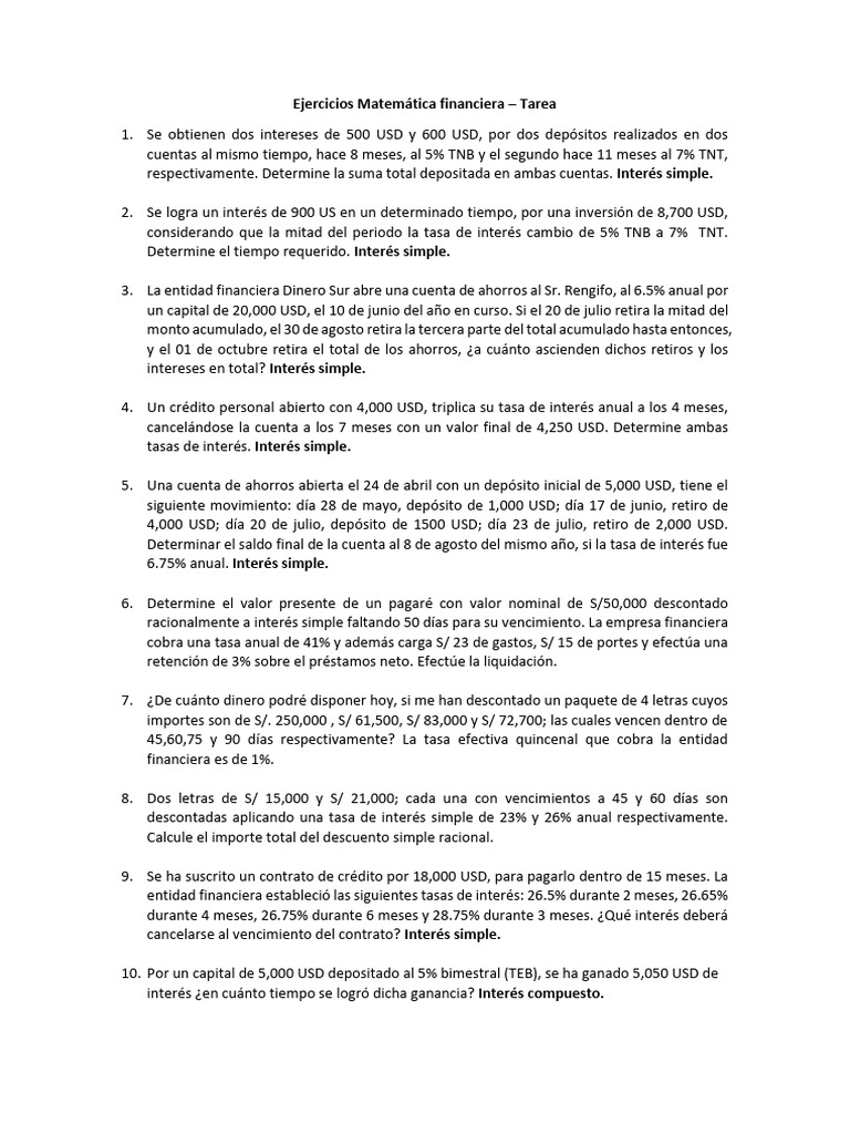 Ejercicios Matemática Financiera Tarea 2 | PDF | Interés | Tasas de interés
