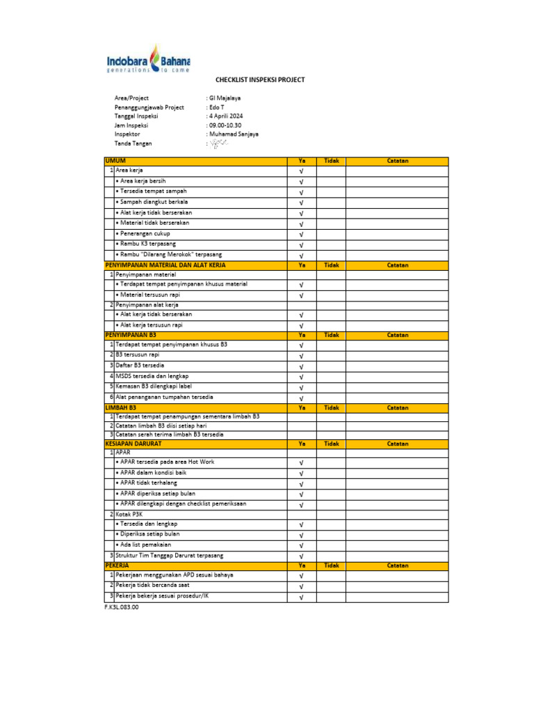 Checklist Inspeksi K3 GI Majalaya | PDF