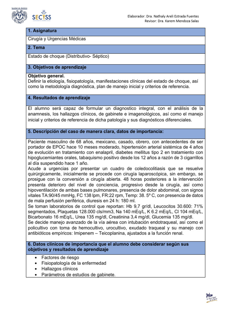 Estado de choque (Distributivo Séptico) PDF Medicina CLINICA Especialidades Medicas