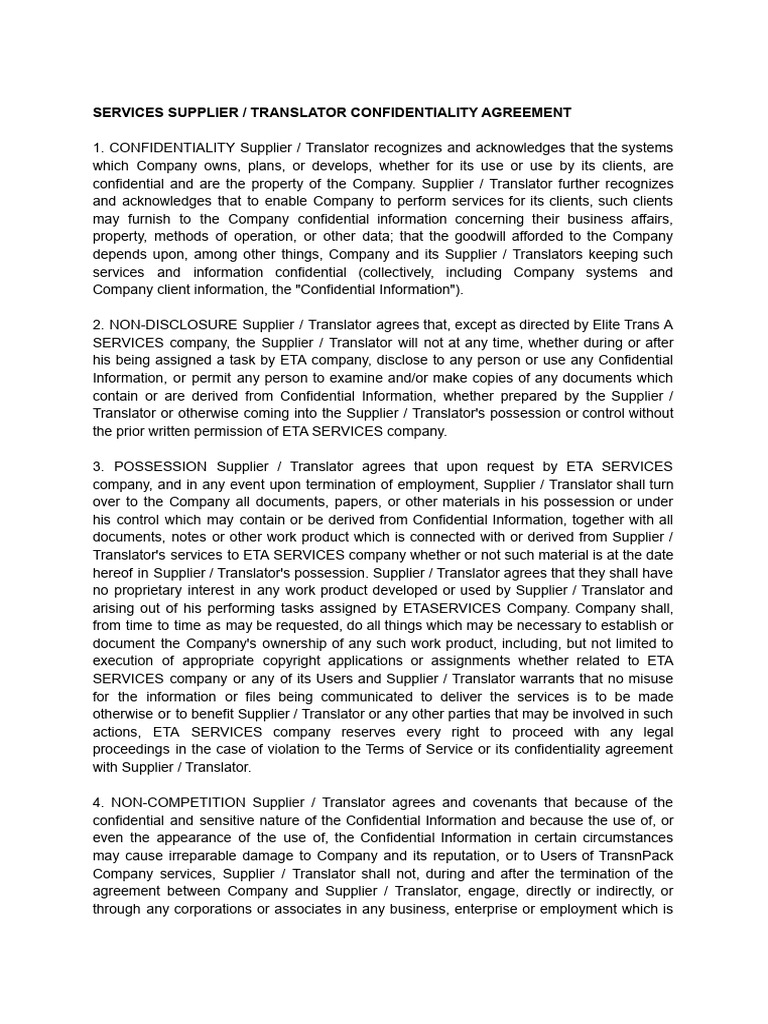 Services Supplier - Translator Confidentiality Agreement 2 | PDF ... - Freelance Translator Contract For Confidentiality