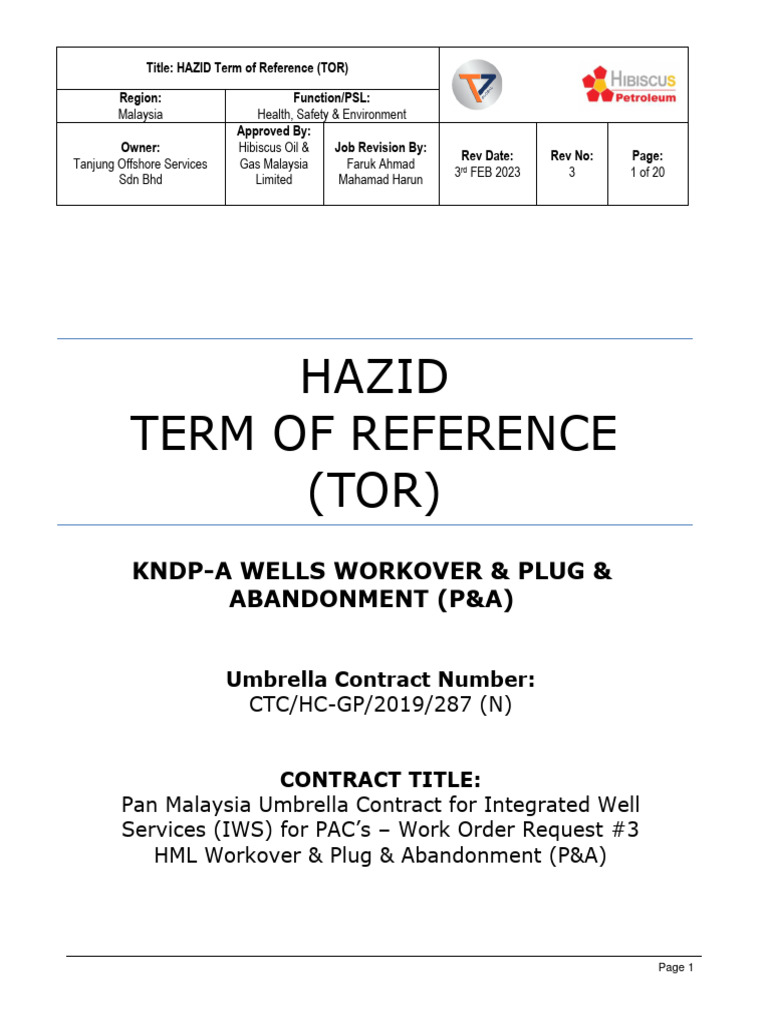 TOS-HML-HAZID WORKSHOP ToR (Rev 3) 3rd Feb 2023-SIGNED BY FA | PDF ...