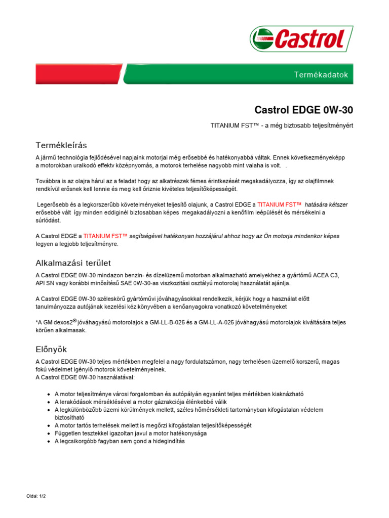 Castrol Edge Titanium FST 0w 30 Technikai Adatlap 36747 | PDF