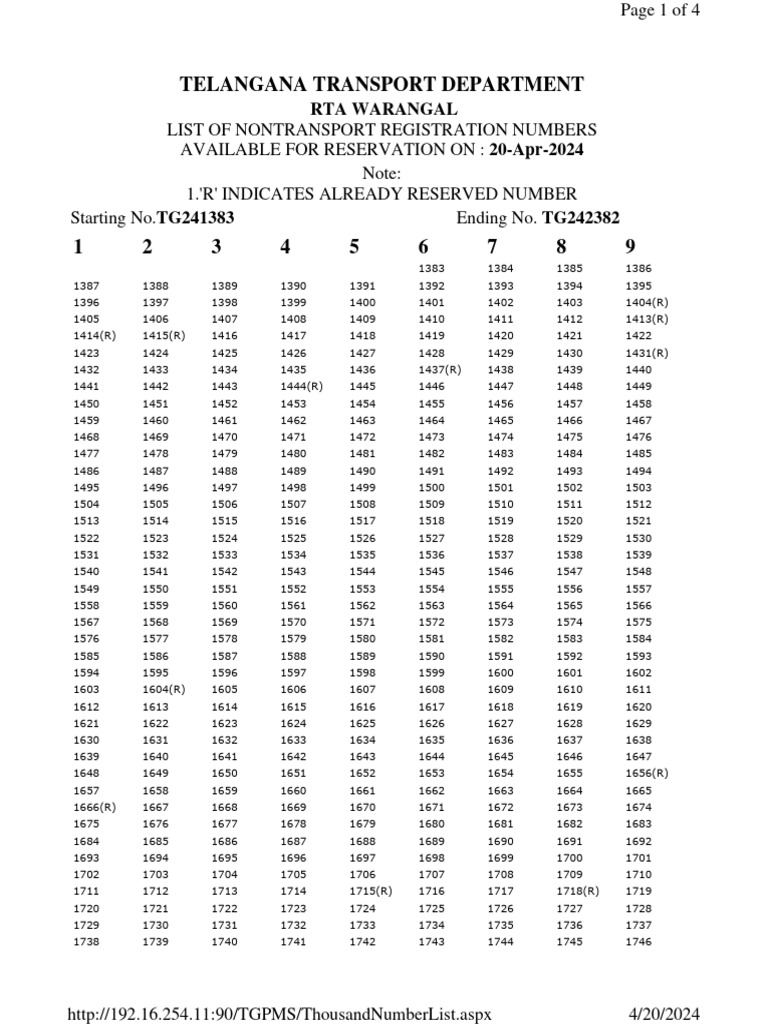 RTA Warangal Registration Numbers List | PDF | Fee