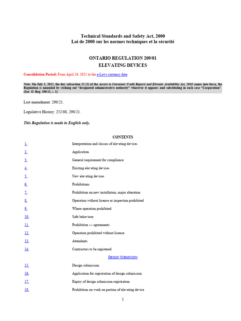 Ontario Regulation 209/01 Overview | PDF | Elevator | Escalator