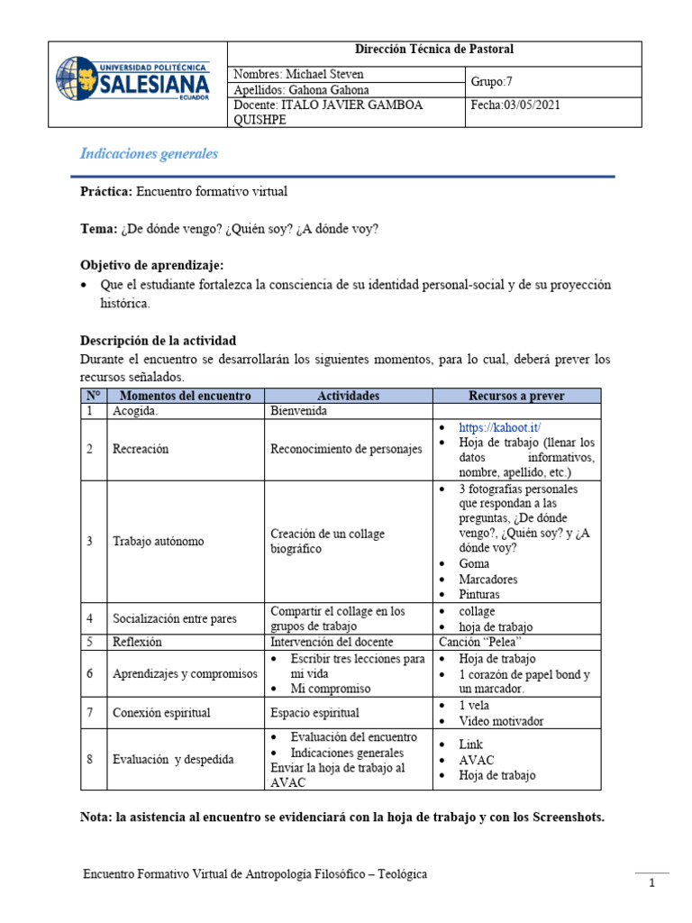 Hoja de Trabajo para los estudiantes | PDF