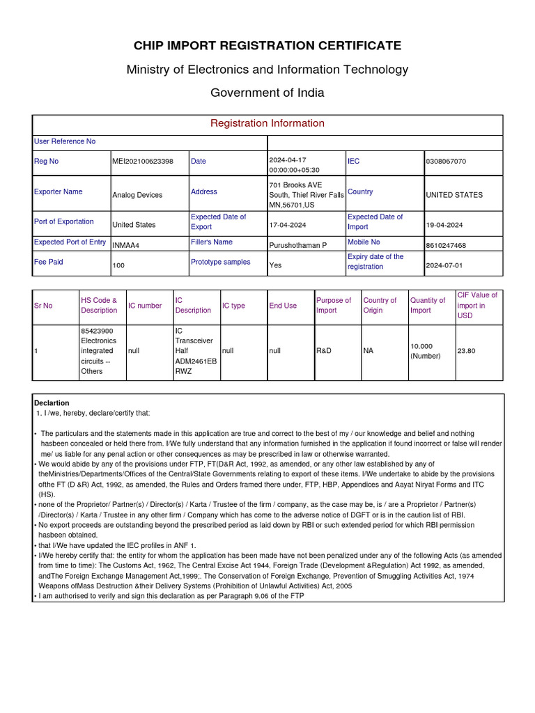 Chip Import Registration India | PDF
