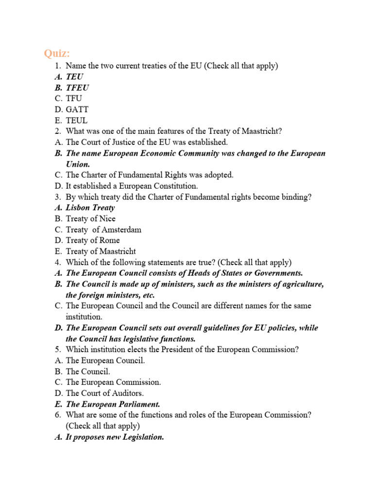 TEU vs TFEU: Key Treaty Quiz | PDF | Trademark | European Court Of Justice
