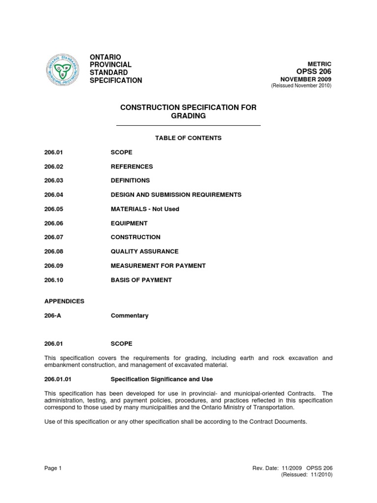 OPSS 206: Grading Construction Specs | PDF | Engineering Tolerance ...