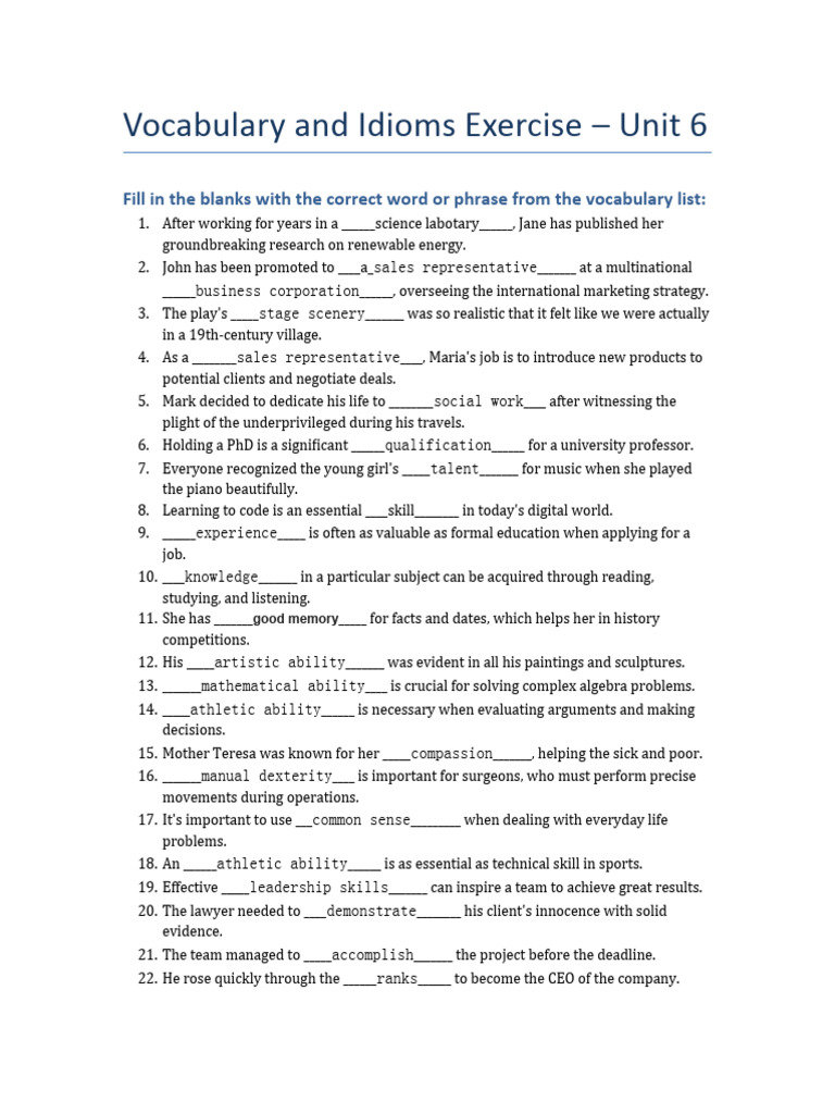 Vocabulary and Idioms Practice Exercise | PDF | Vocabulary | Learning
