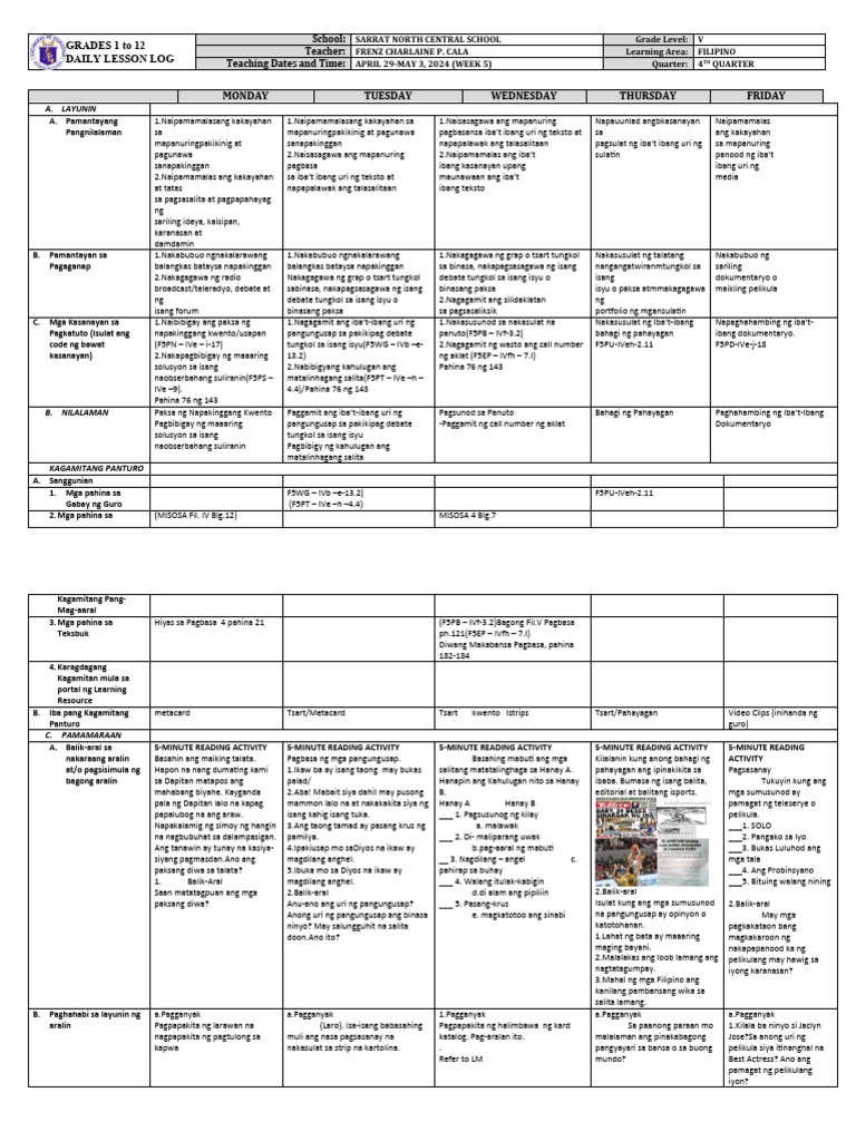 Grade 5 DLL FILIPINO 5 Q4 Week 5 | PDF