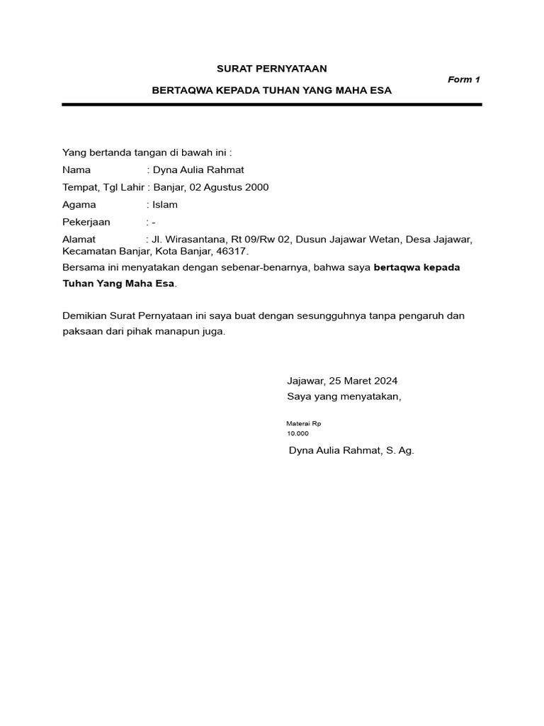 Surat Pernyataan Pendaftaran Dyna Pdf