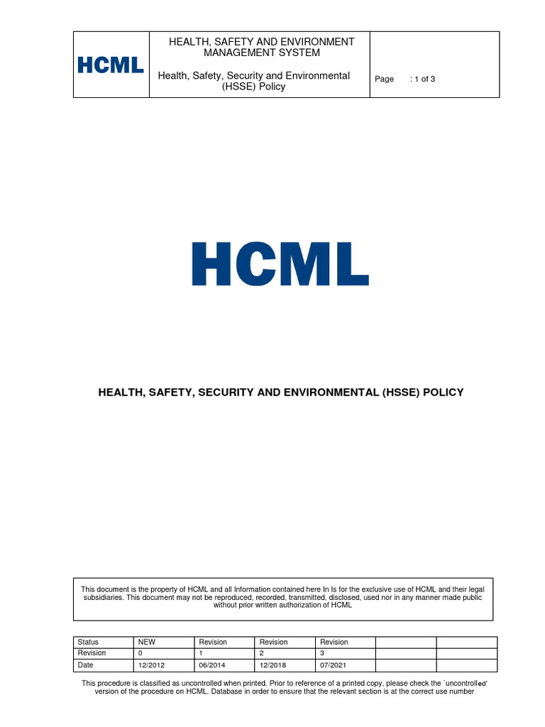HSSE Management System Policy Document | PDF | Emergency | Risk